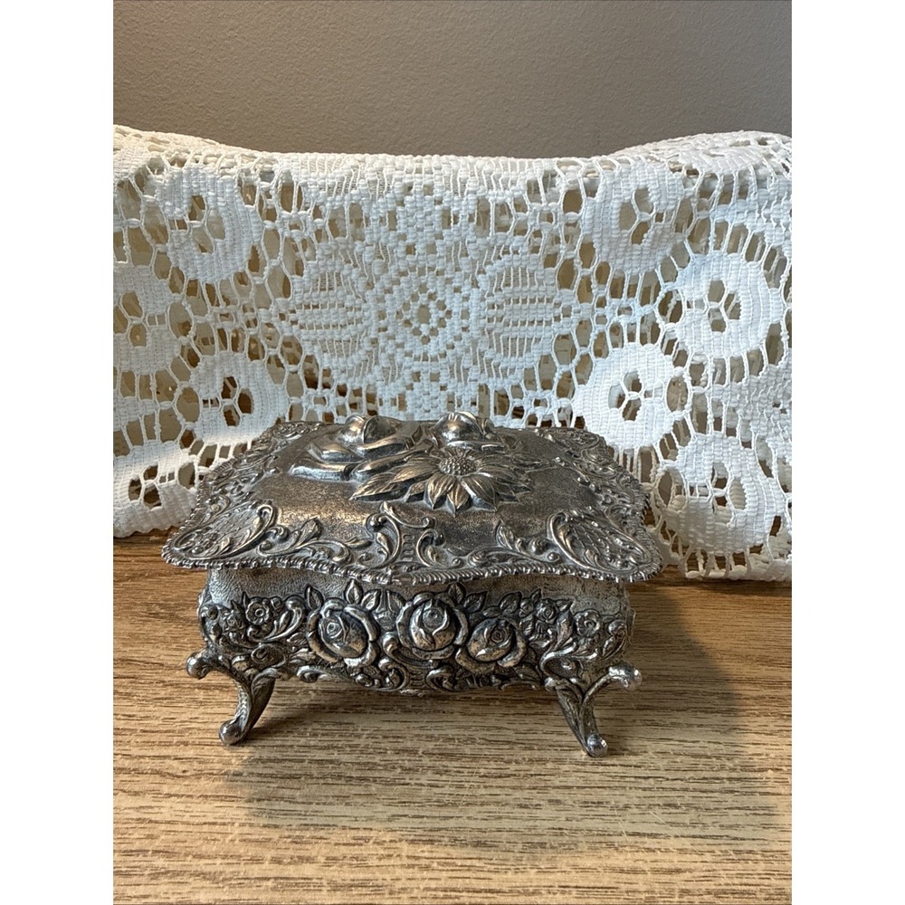 Vintage Jewelry Box Silver Tone‎ Floral Roses Red Lining Trinket Footed Japan 5"